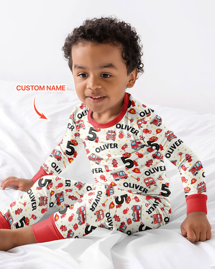 Custom Name Fire Truck Birthday Boy Bamboo Two Piece Long Sleeve Pajama Set