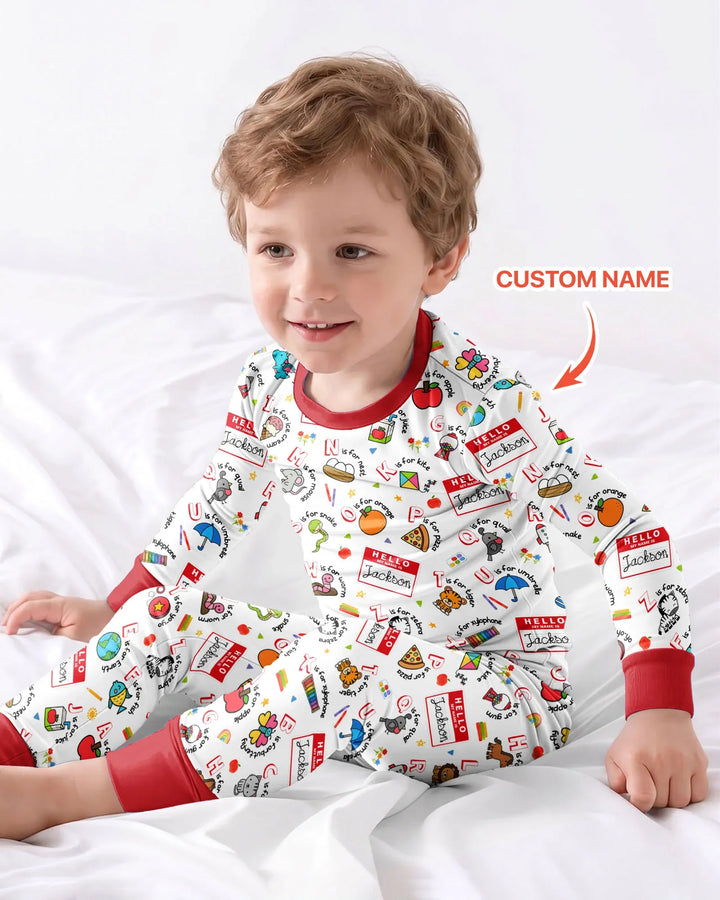 Custom Name Hello School ABCs Bamboo Two Piece Long Sleeve Pajama Set