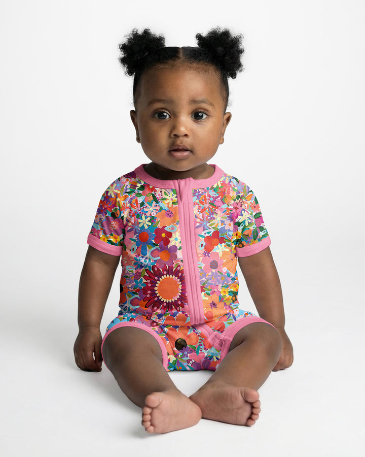 Rainbow Blooms Bamboo Shorty Zippered Romper