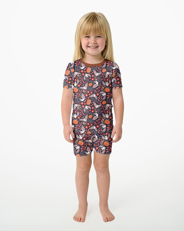 Bat Pumpkin Floral Halloween Bamboo Two Piece Short Sleeve Shorts Pajama Set