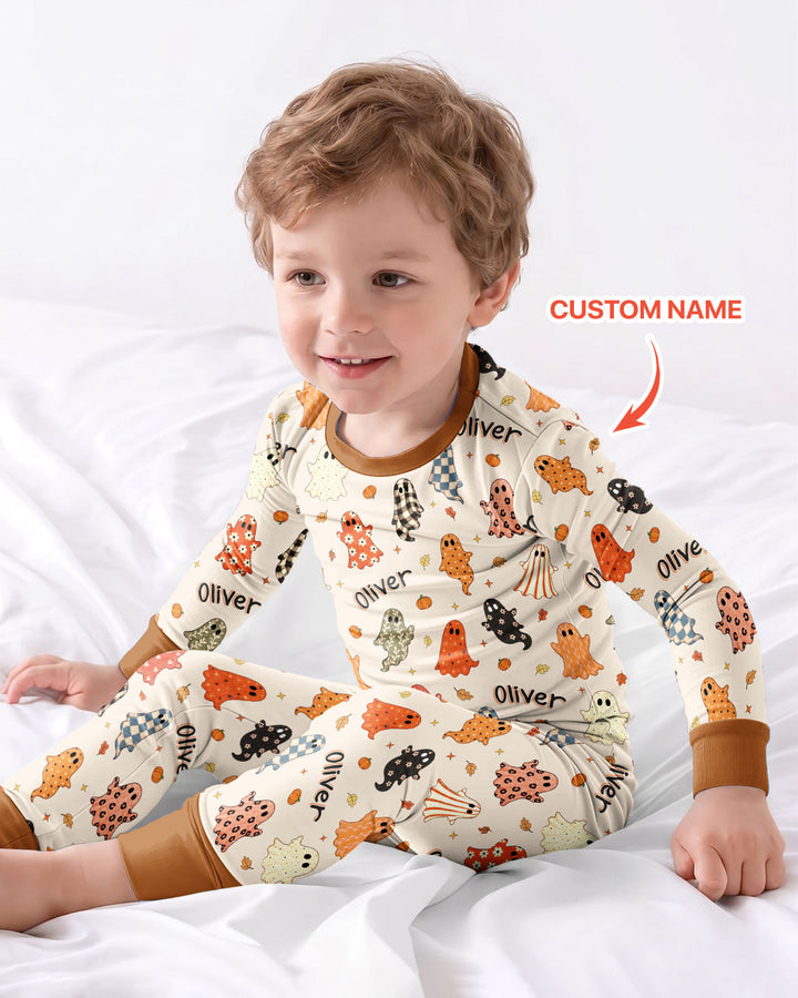 Custom Name Fall Ghost Bamboo Two Piece Long Sleeve Pajama Set