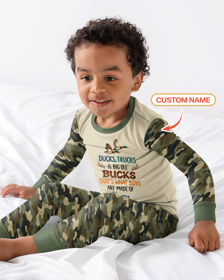 Custom Name Ducks, Trucks & Big Ole' Bucks Bamboo Two Piece Long Sleeve Pajama Set