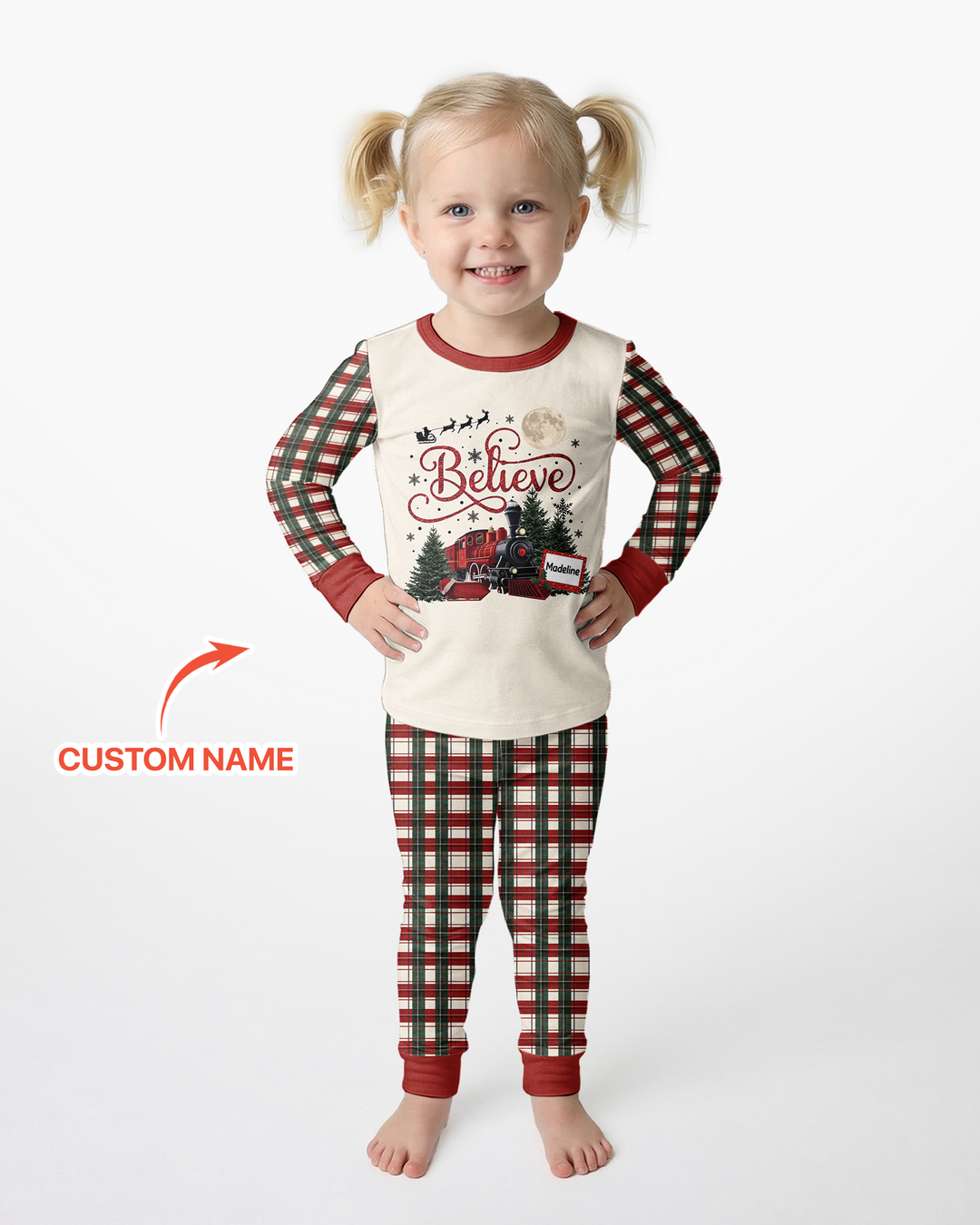 Custom Name Believe Christmas Express Bamboo Two Piece Long Sleeve Pajama Set
