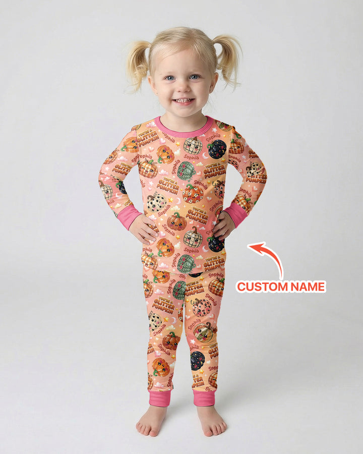 Custom Name You're A Glitter Pumpkin Bamboo Two Piece Long Sleeve Pajama Set