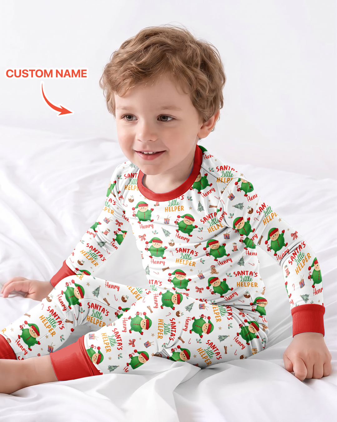 Custom Name Santa's Little Helper Bamboo Two Piece Long Sleeve Pajama Set