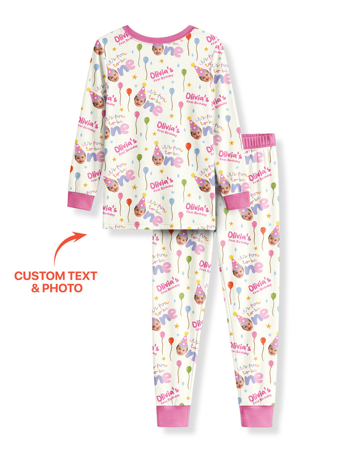 Custom Photo First Birthday Fun Bamboo Two Piece Long Sleeve Pajama Set