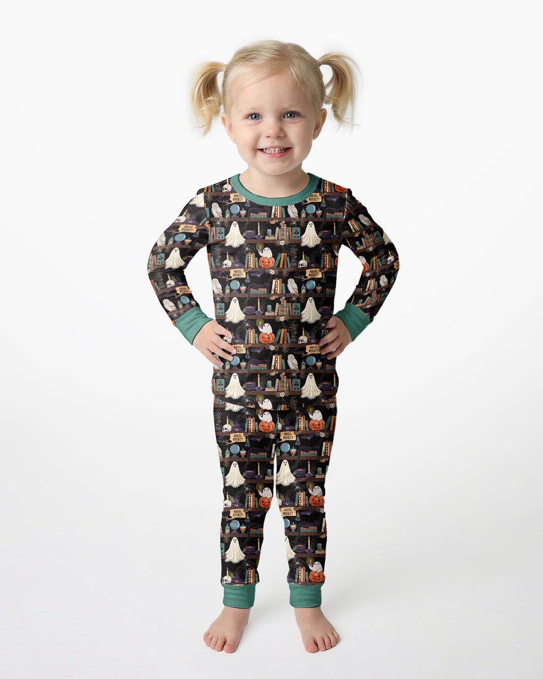 Cute Ghost Witchy Halloween Magic Library Bamboo Two Piece Long Sleeve Pajama Set