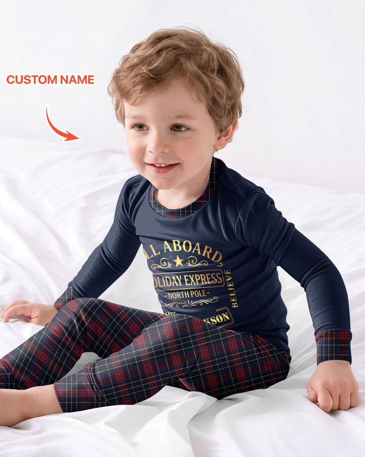 Custom Name North Pole Plaid Bamboo Two Piece Long Sleeve Pajama Set