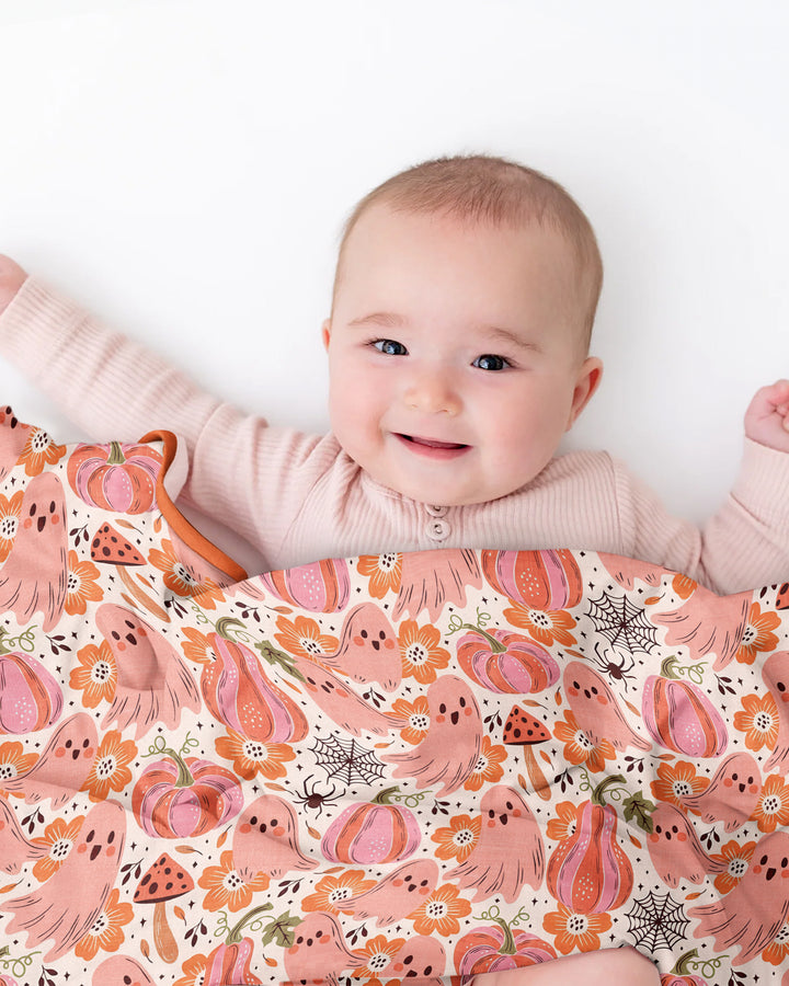 Pink Ghost Pumpkin Fall Floral Halloween Bamboo Blanket