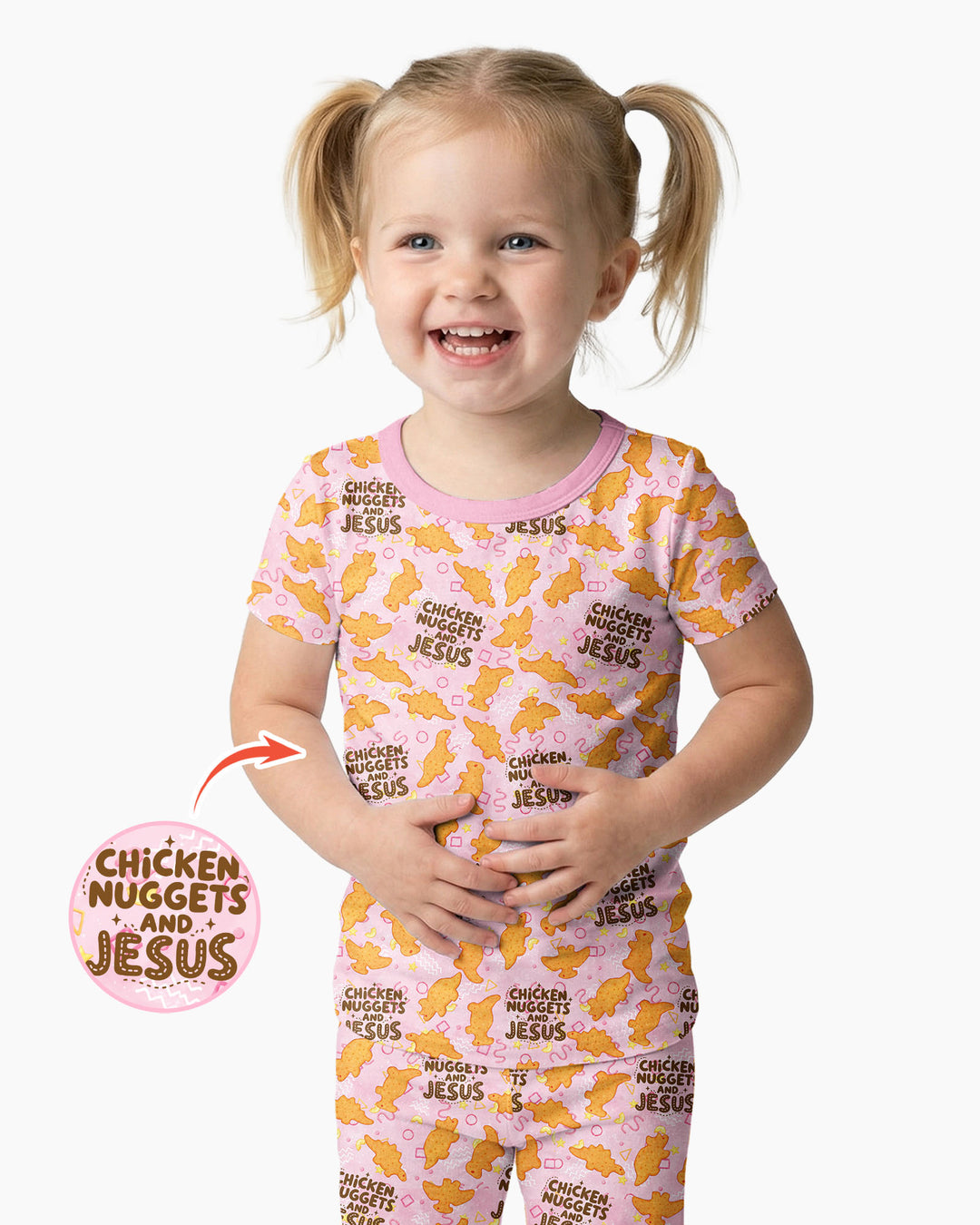Chicken Nuggets and Jesus Family MatchingBamboo Two Piece Short Sleeve Pajama Set