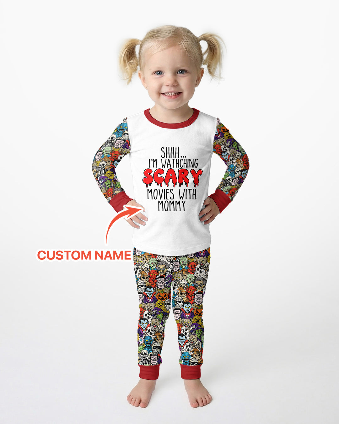 Personalized Shhh... I'm Watching Scary Movies With MOMMY Bamboo Two Piece Long Sleeve Pajama Set