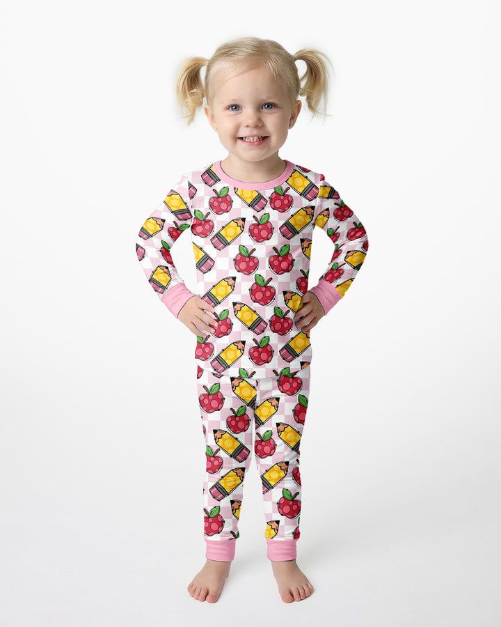 Checkered Apple Scribbles Bamboo Two Piece Long Sleeve Pajama Set