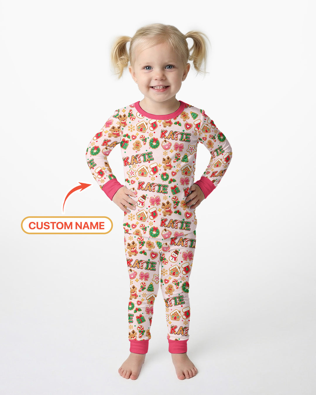 Pink GingerBread Custom Name Bamboo Two Piece Long Sleeve Pajama Set