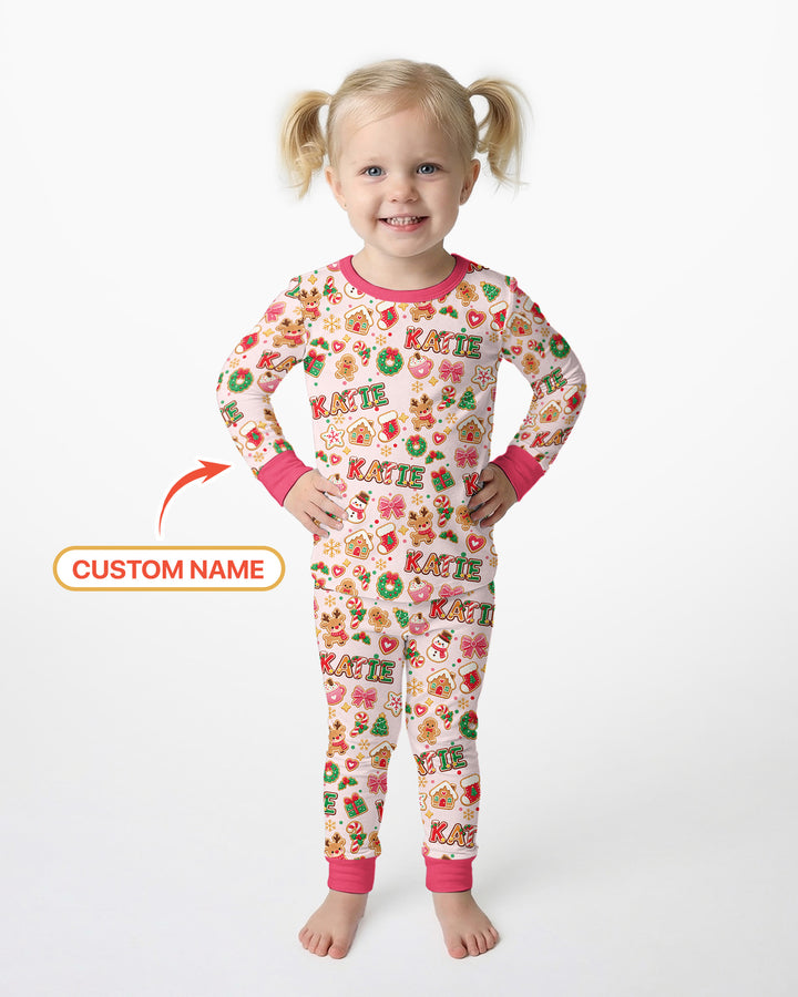 Pink GingerBread Custom Name Bamboo Two Piece Long Sleeve Pajama Set