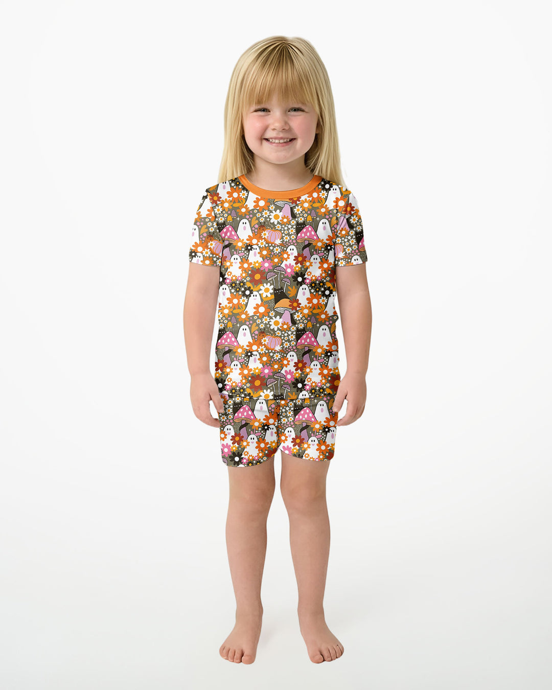 Retro Ghost Mushroom Floral Halloween Bamboo Two Piece Short Sleeve Shorts Pajama Set