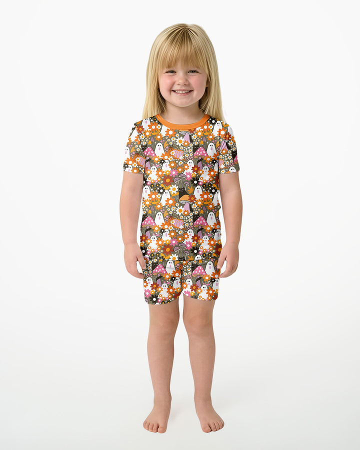 Retro Ghost Mushroom Floral Halloween Bamboo Two Piece Short Sleeve Shorts Pajama Set