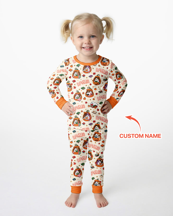 Bookish Ghost Halloween Custom Name Bamboo Two Piece Long Sleeve Pajama Set