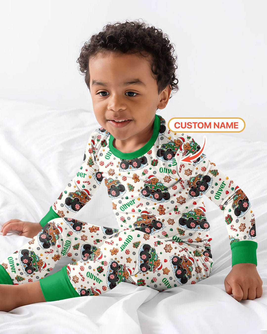 Custom Name Monster Truck Gingerbread Bamboo Two Piece Long Sleeve Pajama Set