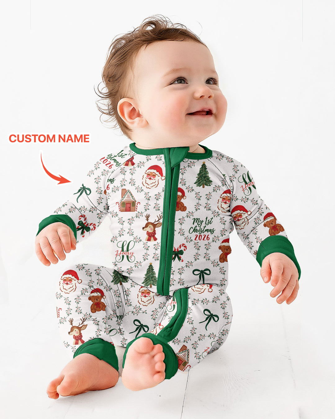 Custom name "Fancy Monogram Green Christmas 2026" Bamboo Convertible Zippy