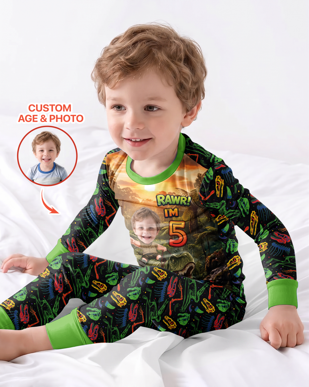 Custom Photo Dino Rawr Birthday Bamboo Two Piece Long Sleeve Pajama Set