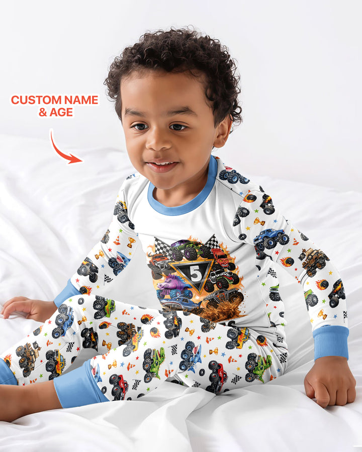 Personalized Monster Trucks Birthday Boy Bamboo Two Piece Long Sleeve Pajama Set