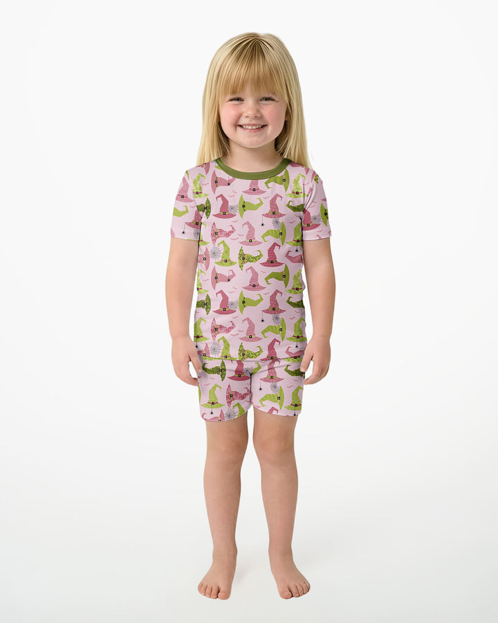 Pink Witch Hat Halloween Bamboo Two Piece Short Sleeve Shorts Pajama Set