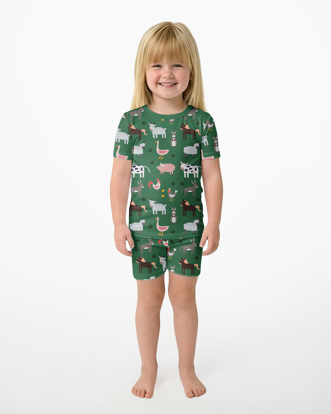 Green Farm Animals Bamboo Two Piece Short Sleeve Shorts Pyjamas Set