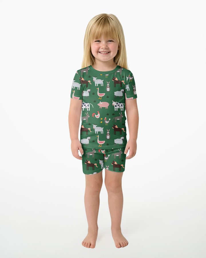 Green Farm Animals Bamboo Two Piece Short Sleeve Shorts Pyjamas Set