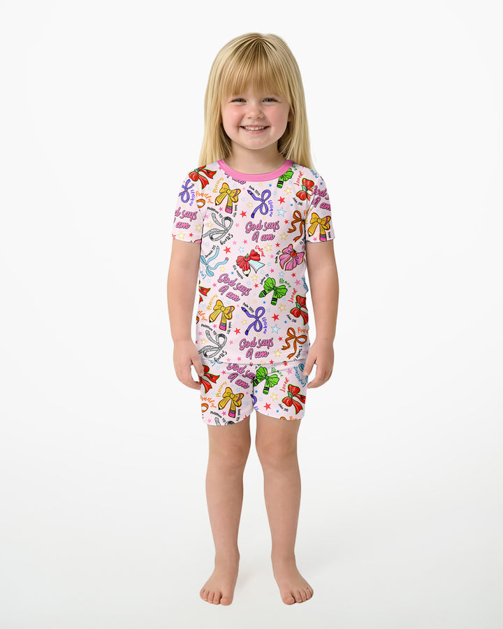 Pencil Bows God Says I Am Bamboo Two Piece Short Sleeve Shorts Pajama Set