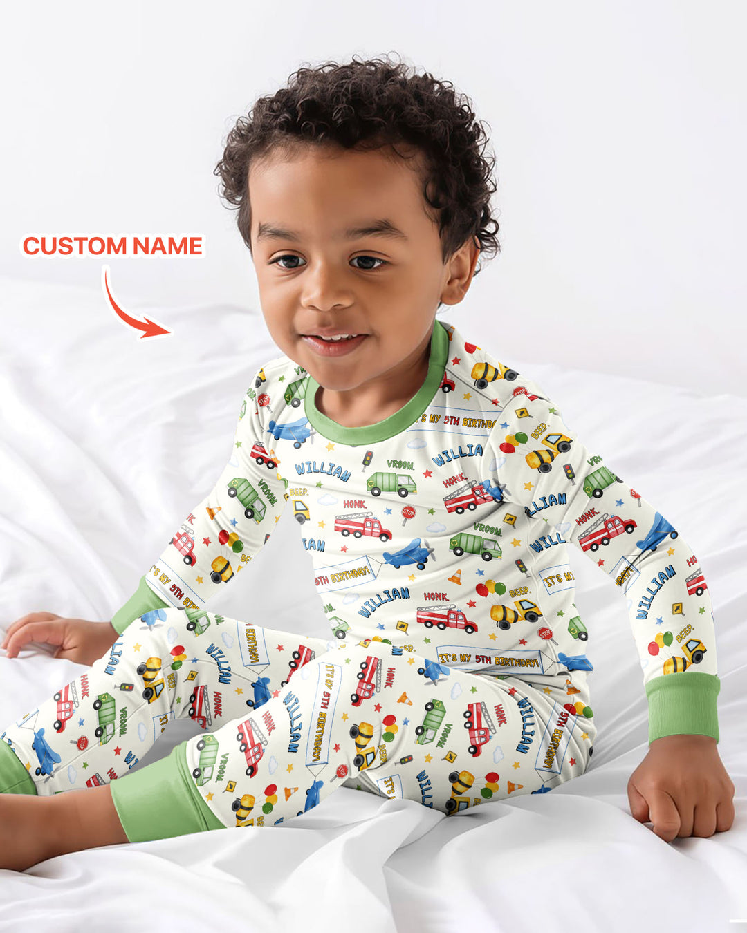 Personalized Transportation Birthday Bamboo Two Piece Long Sleeve Pajama Set