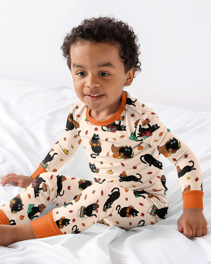 Cozy Cat On Thanksgiving Bamboo Two Piece Long Sleeve Pajama Set