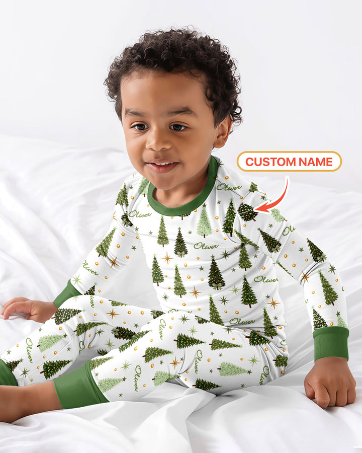 Custom Name Merry Christmas Tree Bamboo Two Piece Long Sleeve Pajama Set