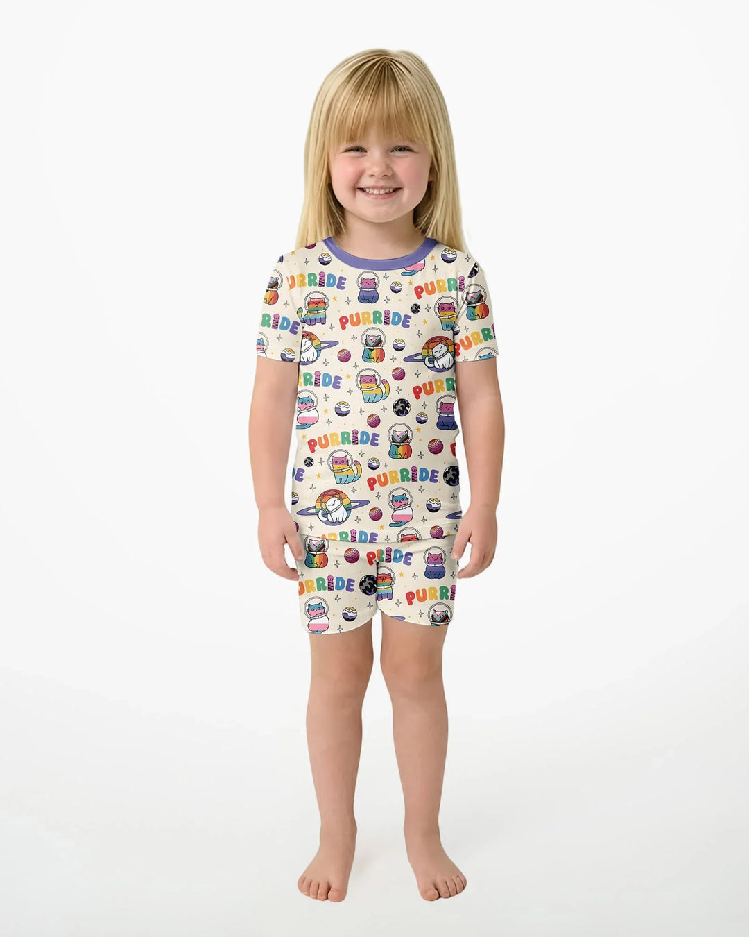 Rainbow Space Cats Family Matching Bamboo Two Piece Short Sleeve Shorts Pajama Set