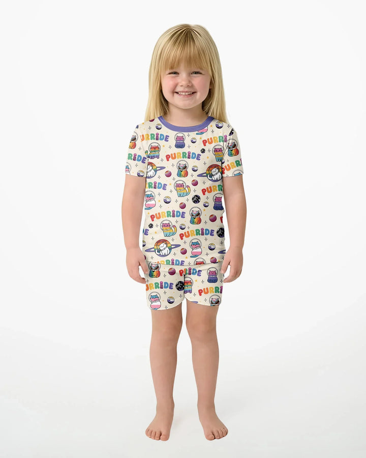 Rainbow Space Cats Family Matching Bamboo Two Piece Short Sleeve Shorts Pajama Set