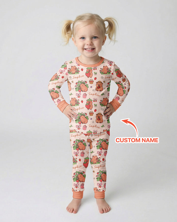 Custom Name Capybara Strawberry Bamboo Two Piece Long Sleeve Pajama Set