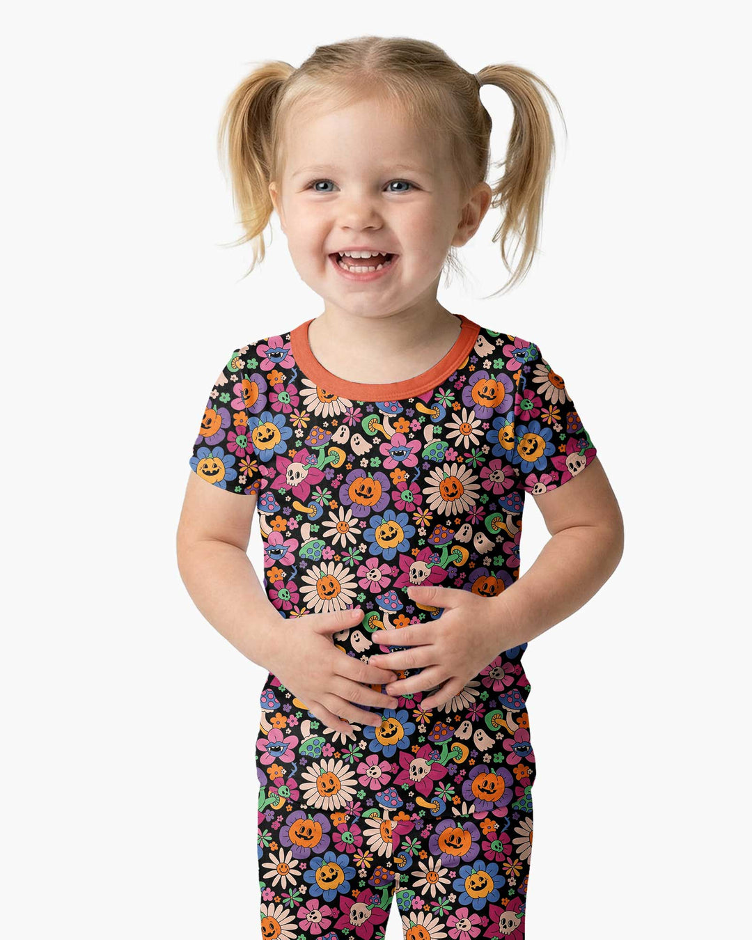 Halloween Flowers Bamboo Two Piece Short Sleeve Pajama Set