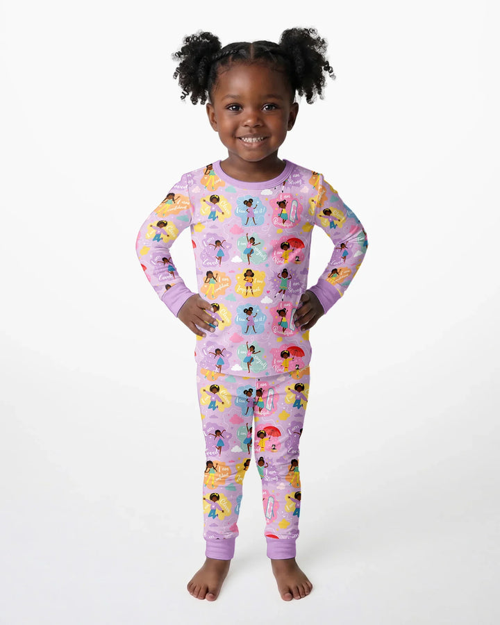 African American Girl I Am Loved Bamboo Two Piece Long Sleeve Pajama Set