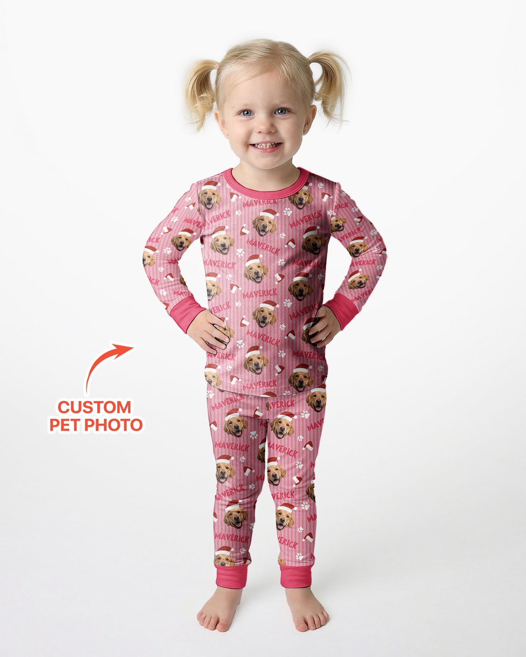 Custom Pet Photo Christmas Paws Stripe Bamboo Two Piece Long Sleeve Pajama Set