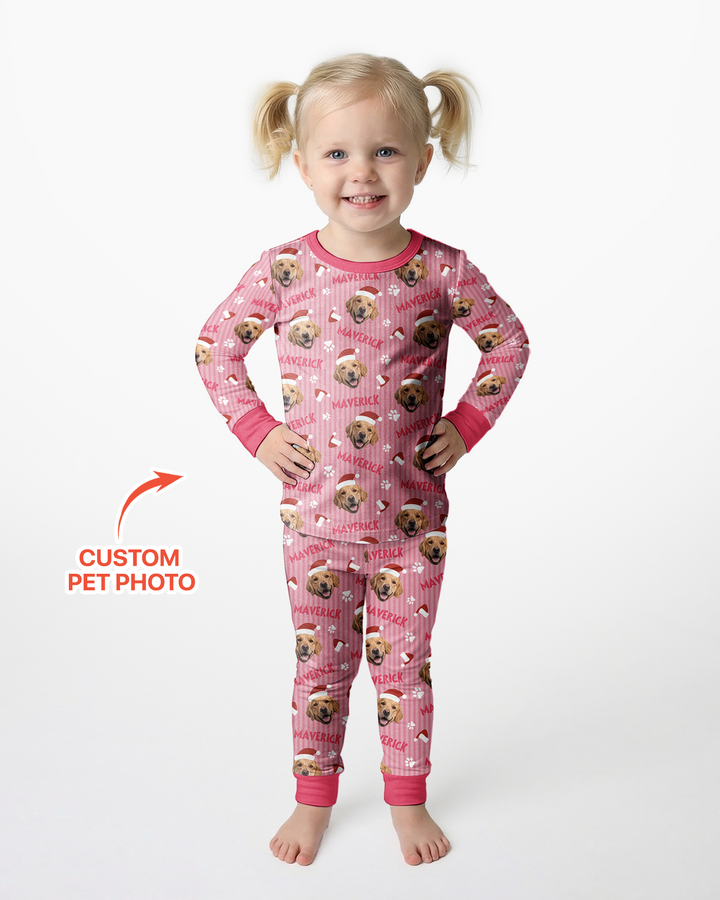 Custom Pet Photo Christmas Paws Stripe Bamboo Two Piece Long Sleeve Pajama Set