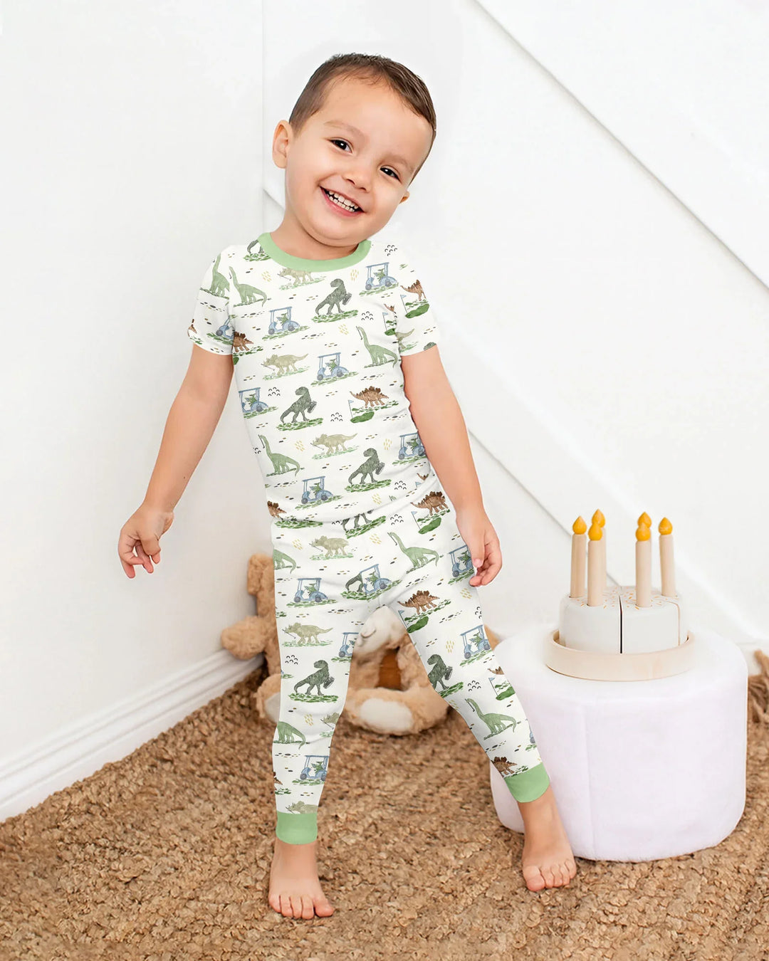 Dinos On The Green Daddy & Me Matching Bamboo Two Piece Short Sleeve Pajama Set