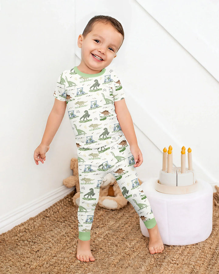 Dinos On The Green Daddy & Me Matching Bamboo Two Piece Short Sleeve Pajama Set