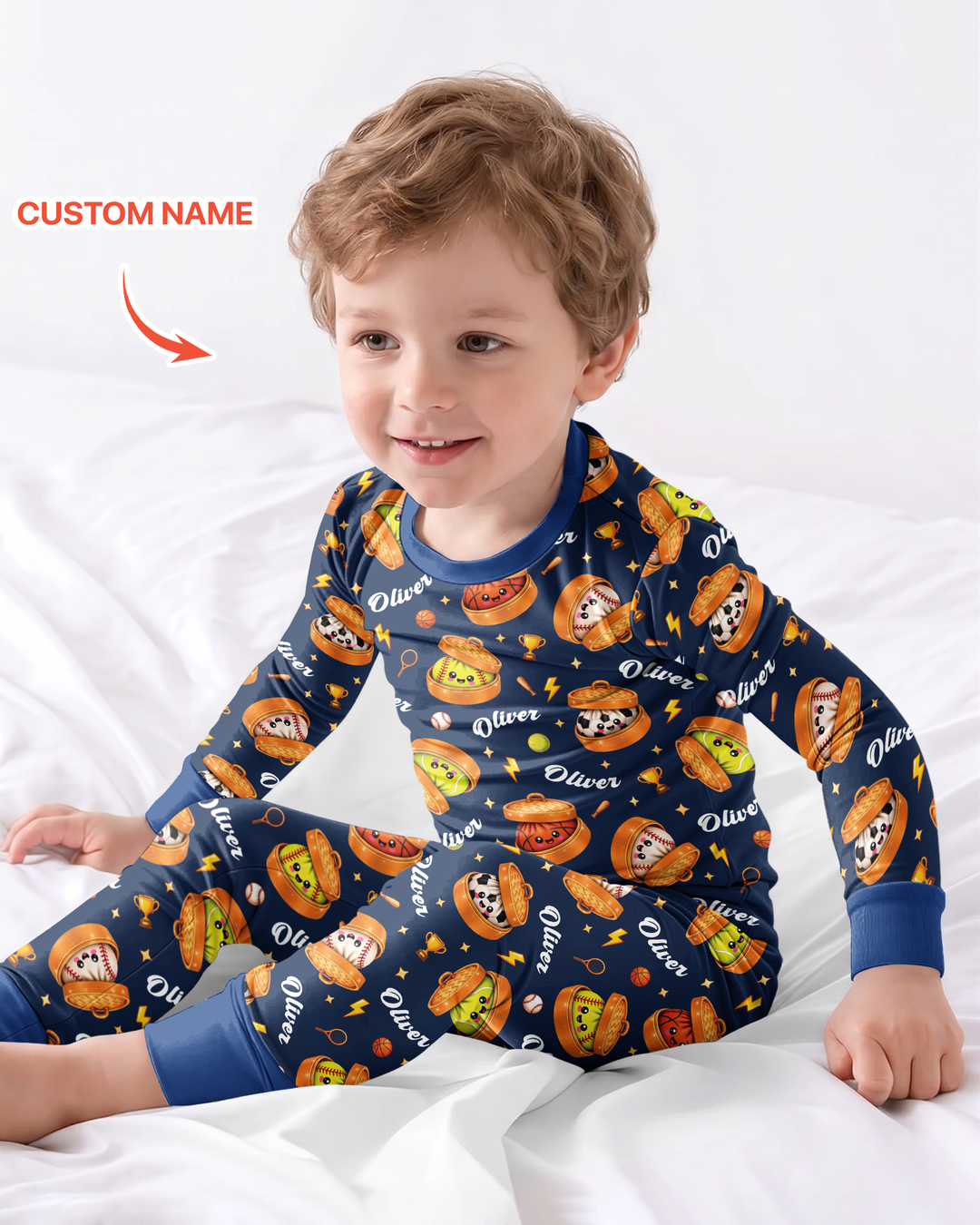 Custom Name Sports Dumpling Bamboo Two Piece Long Sleeve Pajama Set
