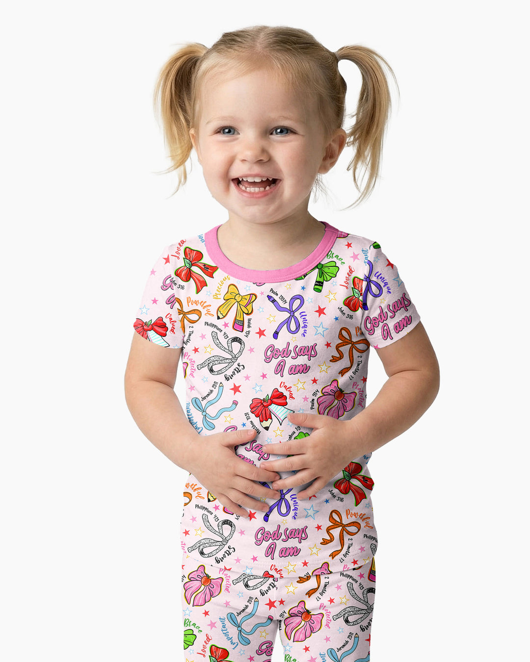 Pencil Bows God Says I Am Bamboo Two Piece Short Sleeve Pajama Set