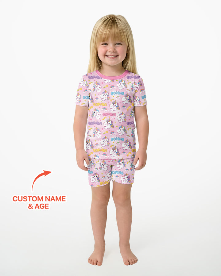 Custom Name Kawaii Unicorn Birthday Bamboo Two Piece Short Sleeve Shorts Pajama Set