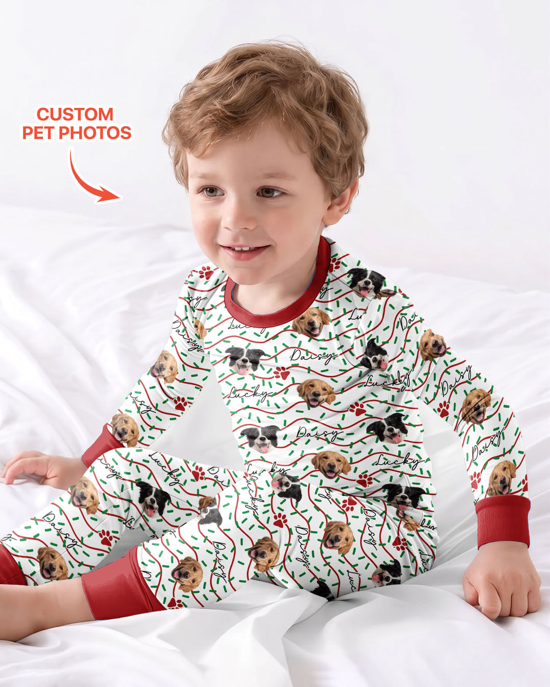 Custom Pet Photo Christmas Sprinkles Bamboo Two Piece Long Sleeve Pajama Set