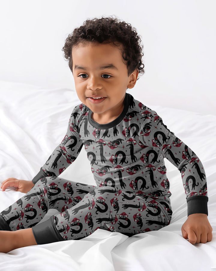 Mushroom Cat Mischief Bamboo Two Piece Long Sleeve Pajama Set