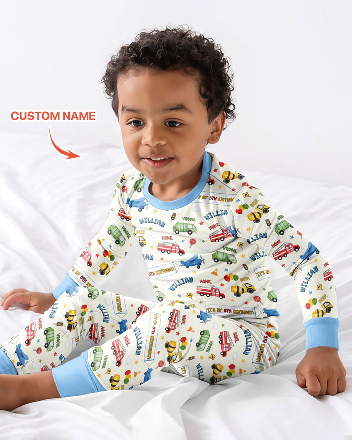 Personalized Transportation Birthday Bamboo Two Piece Long Sleeve Pajama Set