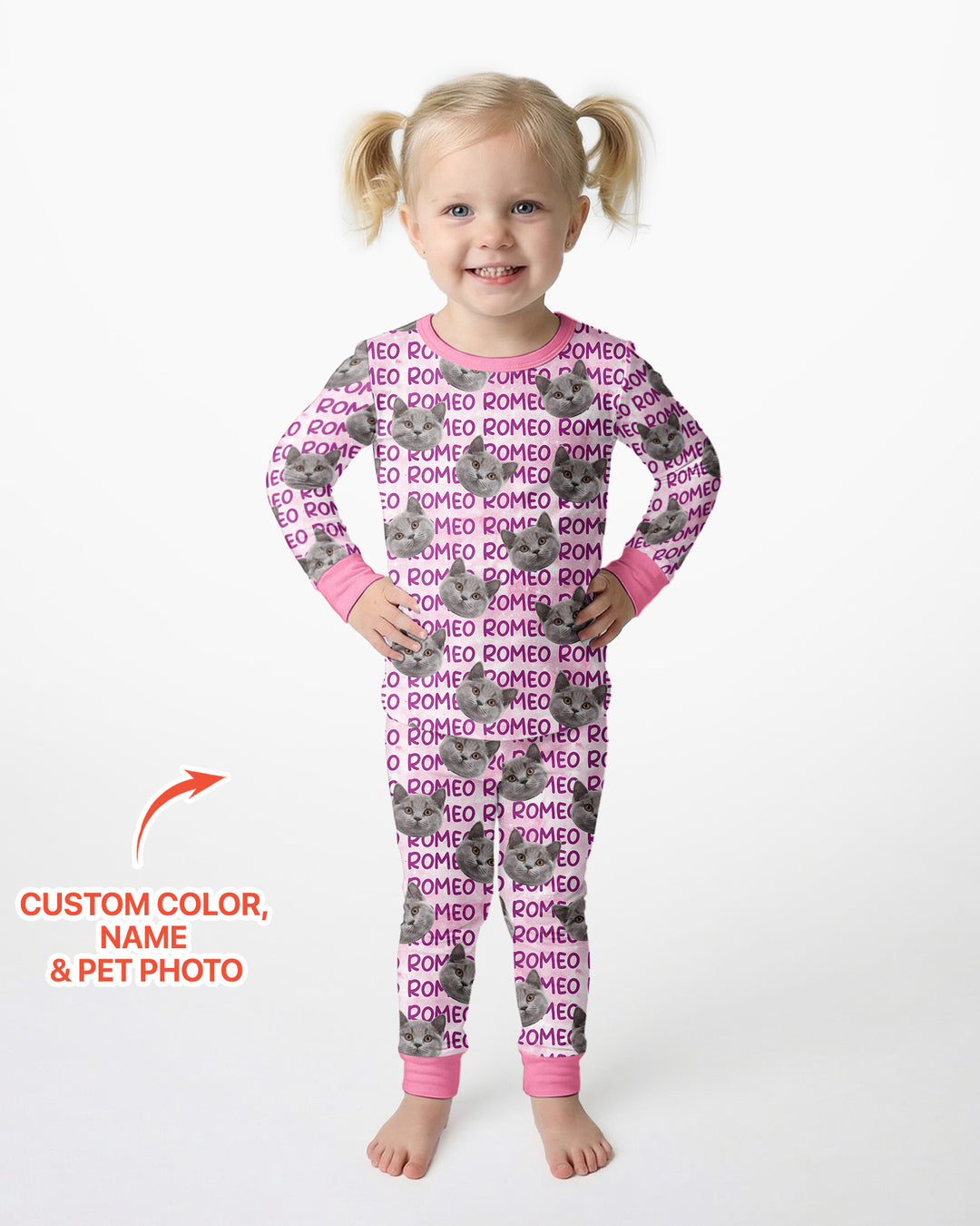 Custom Pet Photo With Name Watercolor Bamboo Two Piece Long Sleeve Pajama Set
