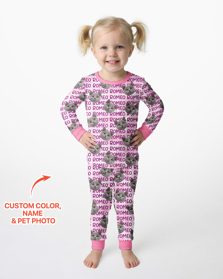Custom Pet Photo With Name Watercolor Bamboo Two Piece Long Sleeve Pajama Set