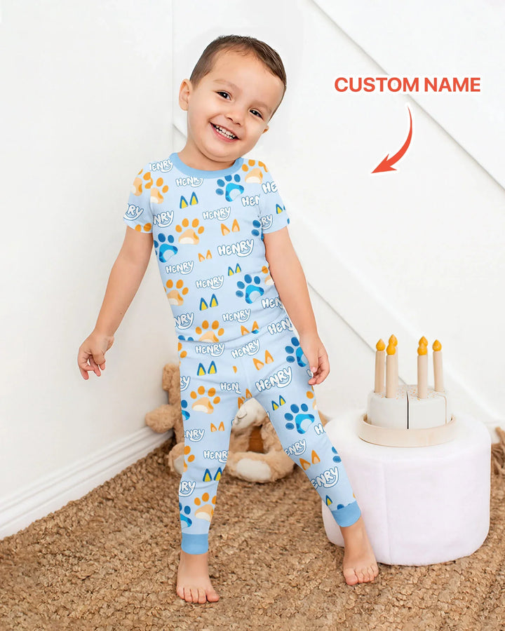 Custom Name Favourite Blue Dog Family Matching Bamboo Two Piece Short Sleeve Pajama Set